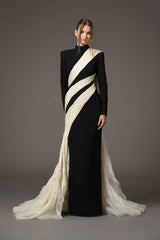 black long sleeve crepe dress with mermaid tail in white organza