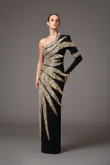 Black asymmetrical crepe dress with embroidered leaves in glass beads, bugle beads, and crystals