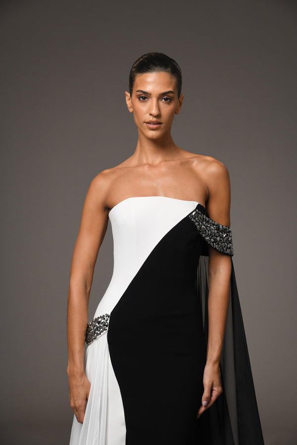 Black & white embroidered crêpe dress with chiffon