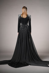 Black embroidered dress featuring overskirt