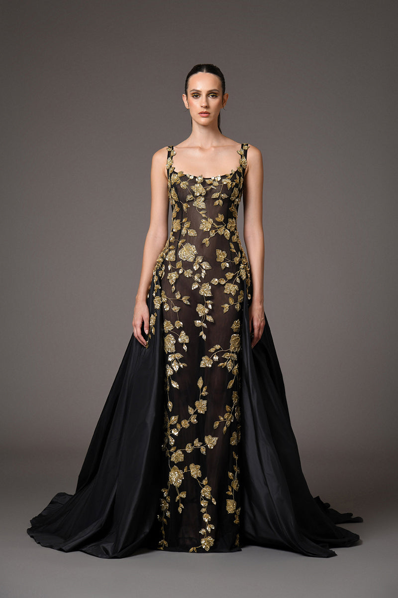 Black tulle dress with gold leaf embroidery and black taffeta overskirt