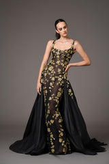 Black tulle dress with gold leaf embroidery and black taffeta overskirt