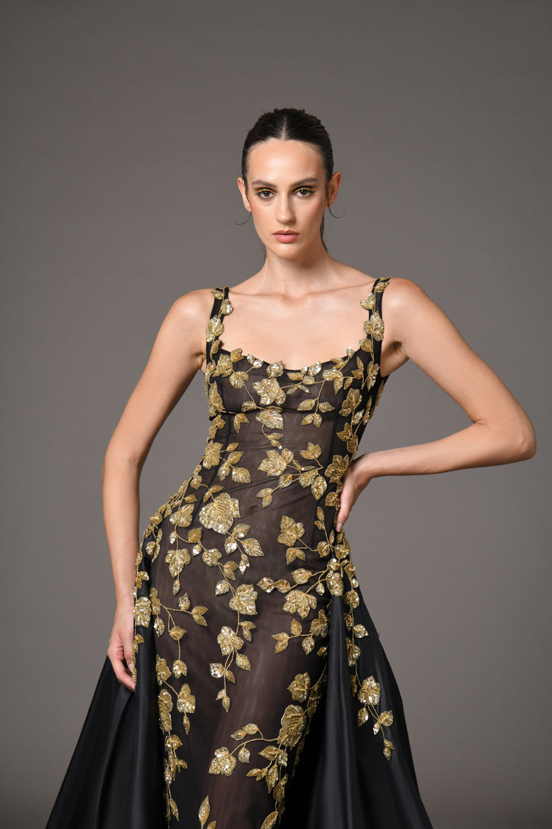 Black tulle dress with gold leaf embroidery close up