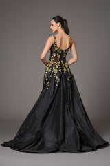 Black tulle dress with gold leaf embroidery and black taffeta overskirt back