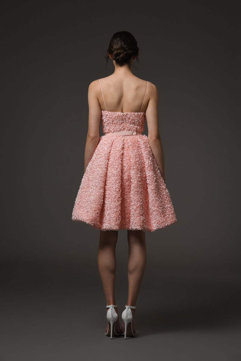 Peach A-line short dress with flower detailing