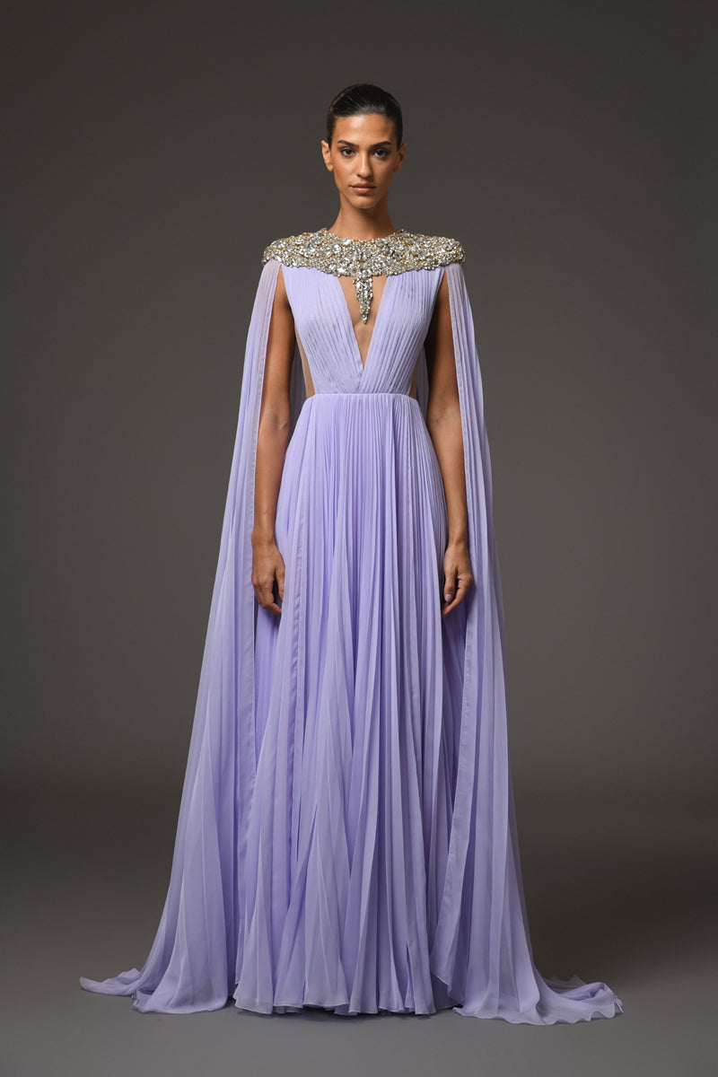 Lilac plissé dress with an embroidered neckline