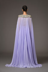 Lilac plissé dress with an embroidered neckline