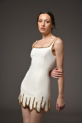 Ivory short crêpe dress with gold embroidery