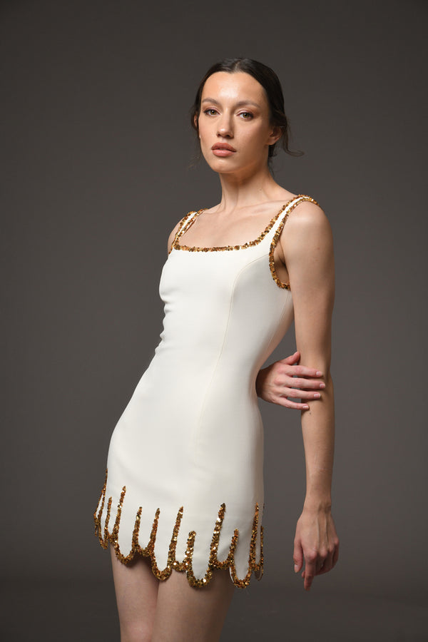 Ivory short crêpe dress with gold embroidery