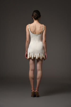 Ivory short crêpe dress with gold embroidery