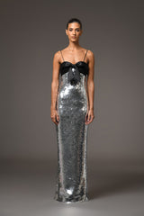 Grey sequined dress with a bow detailing on the bust