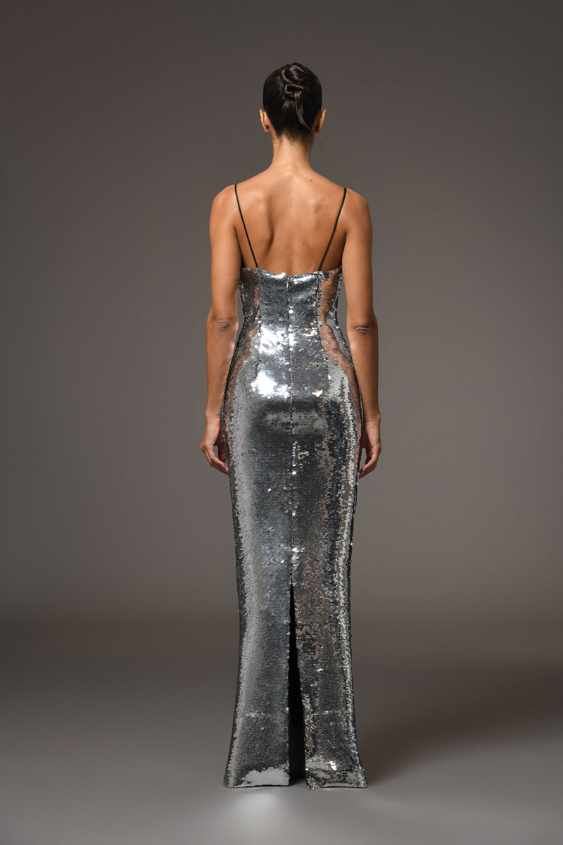 Grey sequined dress with a bow detailing on the bust