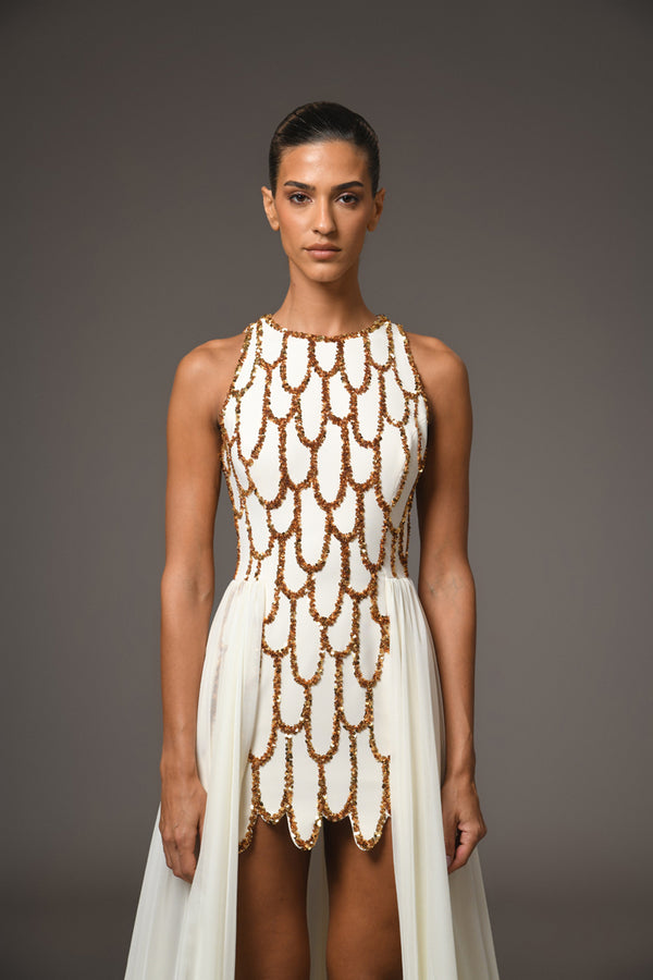 Short crêpe fully embroidered dress featuring a chiffon overskirt