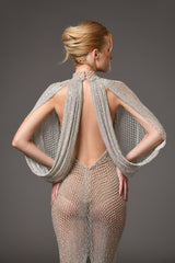 Fishnet iridescent crystal halter dress with open draped back