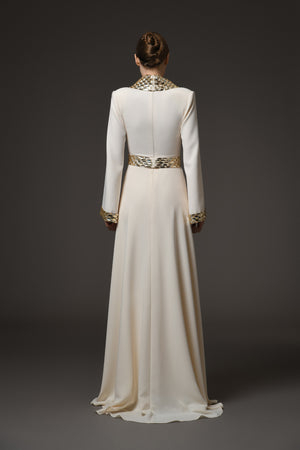 Ivory crêpe dress with baguette embroidery