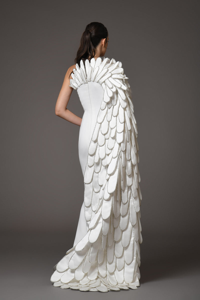 White silk scuba dress with 3d hand crafted plumes on the side back view