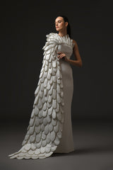 White silk scuba dress with 3d hand crafted plumes on the side 