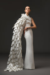 White silk scuba dress with 3d hand crafted plumes on the side 