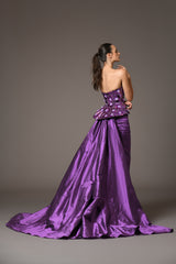 Purple Corset with intricate floral patterns embroidered with mirror plexiglass paired with a draped taffeta skirt back view