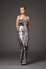 silver mirror laser cut layered strapless dress