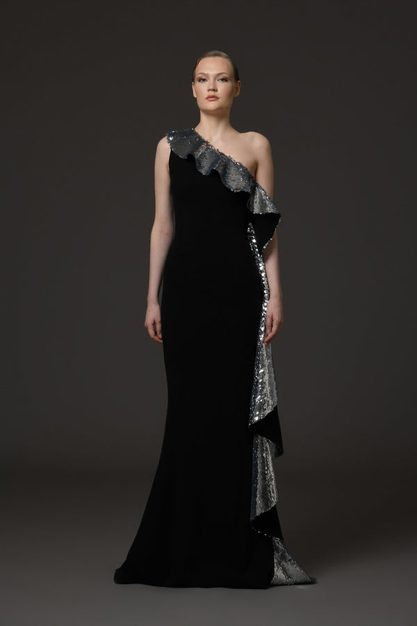 Asymmetric black crêpe dress with sequined ruffles