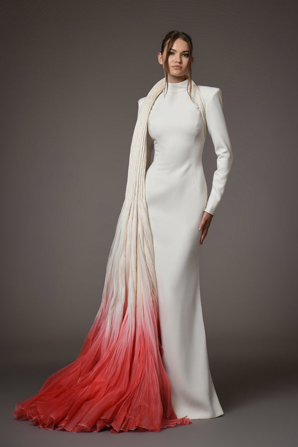 White crepe dress with a red ombre mermaid tail in silk organza