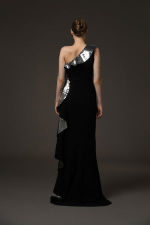 Asymmetric black crêpe dress with sequined ruffles