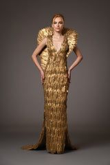 Golden feather gown with embroidery on feathers and a winged standing collar