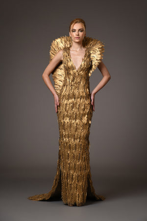 Golden feather beaded dress with winged collar Golden feather beaded dress with winged collar