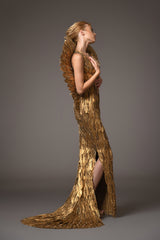 Golden feather gown with embroidery on feathers and a winged standing collar with train in back