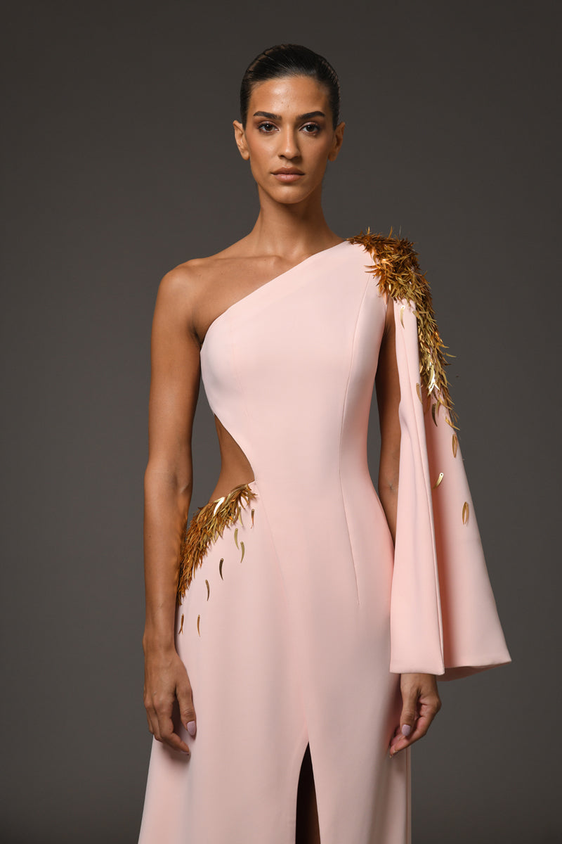 Asymmetric peach crêpe dress with embroidery