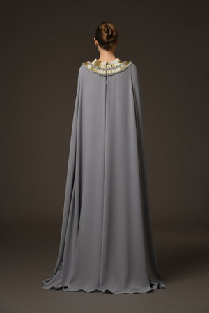 Grey crêpe dress with an embroidered neckline