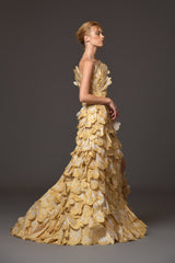 gold corseted dress with layered hand painted organza petals side with a short train