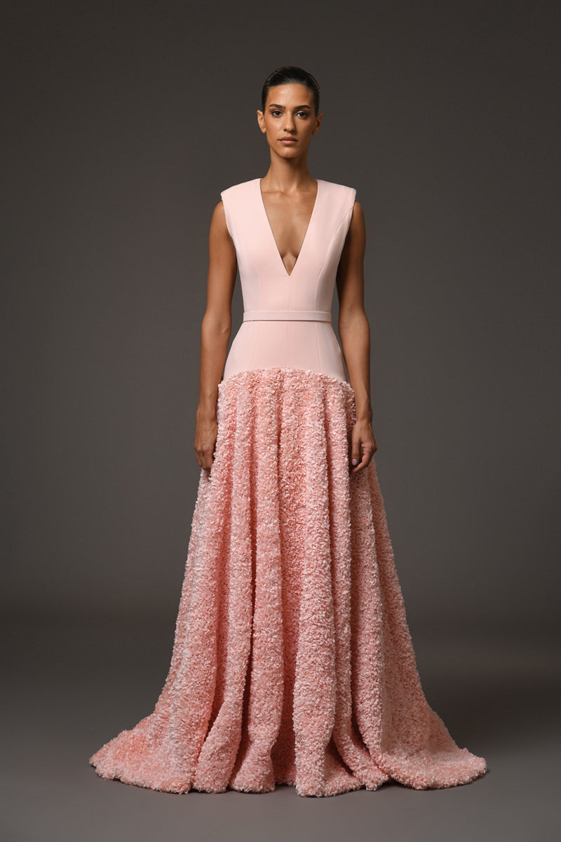 Peach crêpe dress with flower detailing