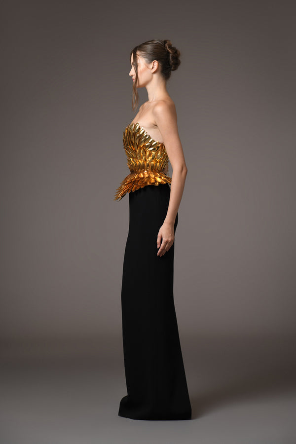 Armor gold-plated corset hand-crafted from solid brass paired with a black silk crêpe skirt