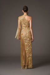 Assymetrical dress with floral patterns embroidered with gold beads back