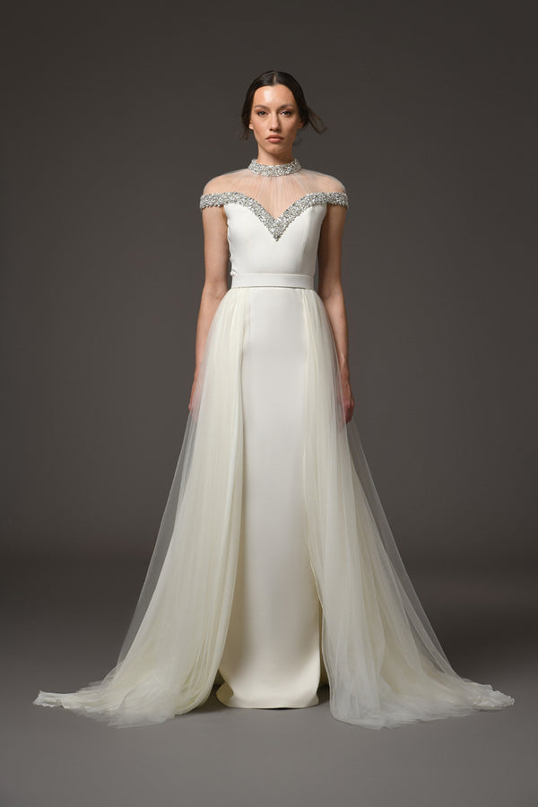 Ivory crêpe and chiffon dress with embroidery