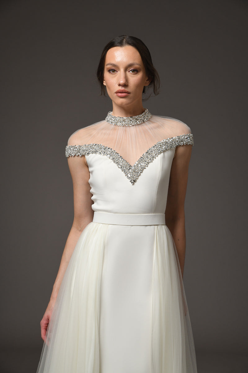 Ivory crêpe and chiffon dress with embroidery