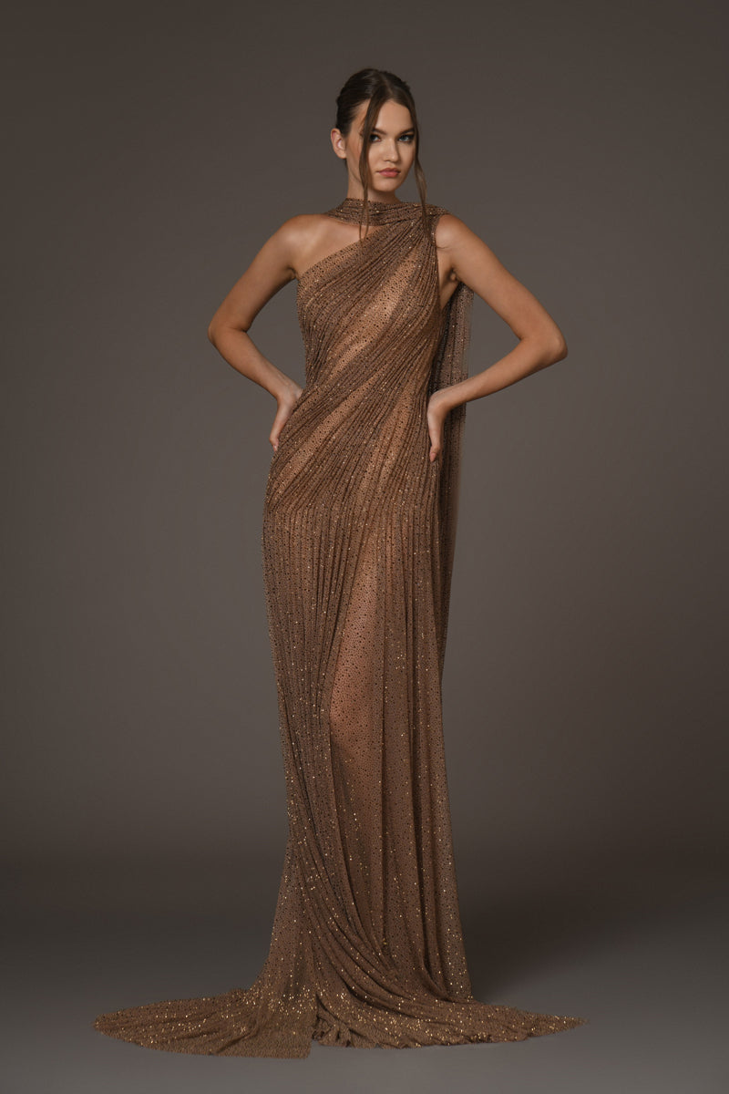 Asymmetrical halter gown draped in bronze silk tulle Asymmetrical halter gown draped in bronze silk tulle