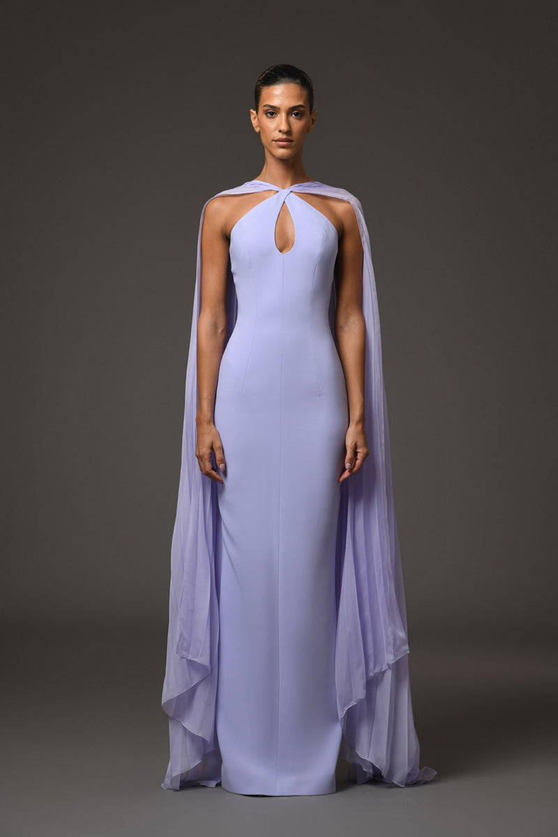 Lilac crêpe dress with a chiffon cape