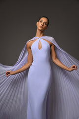 Lilac crêpe dress with a chiffon cape