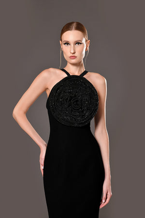 Black crêpe dress with chainmail crystal flower