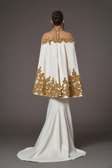 white silk crepe dress with golden flower embroidery on cape back view clear shoulders