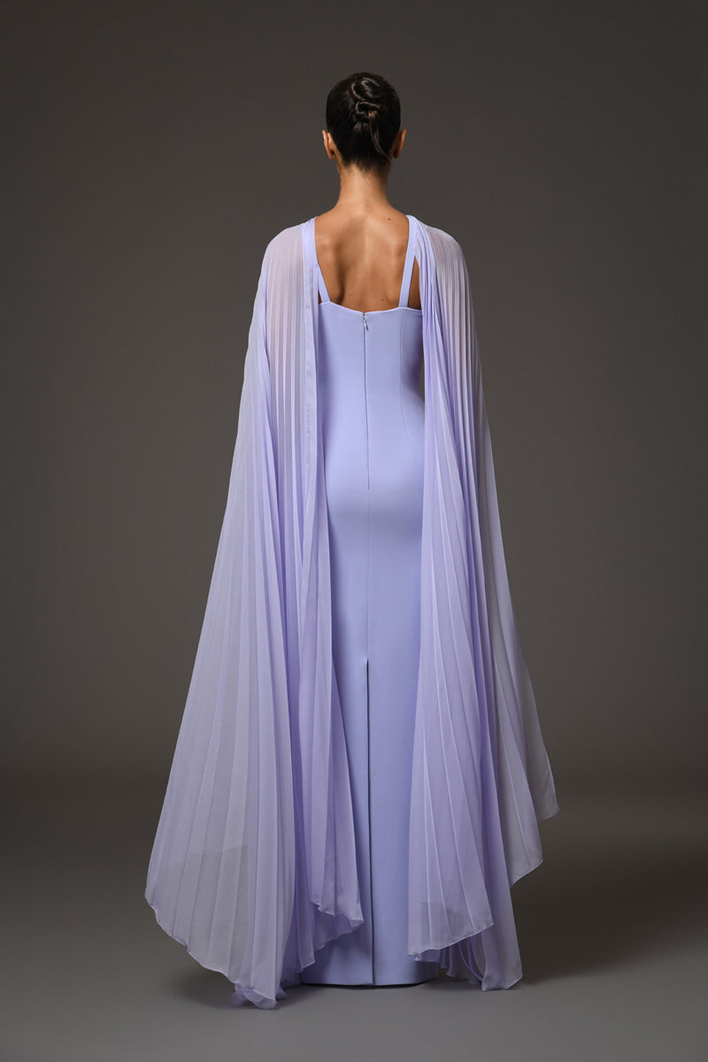 Lilac crepe dress with a chiffon cape