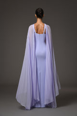 Lilac crêpe dress with a chiffon cape