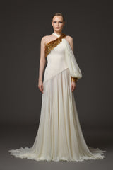 Asymmetric ivory crêpe and chiffon dress with embroidery