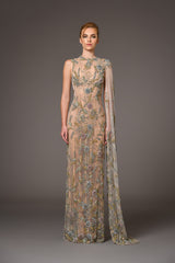 nude tulle dress with colorful flower embroidery and a cape