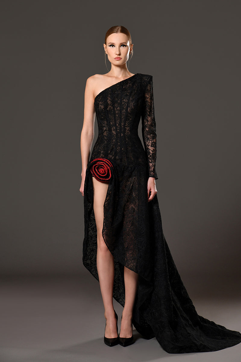 Black corset lace dress adorned with vibrant red rhinestone chainmail