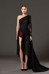 Black corset lace dress adorned with vibrant red rhinestone chainmail flower