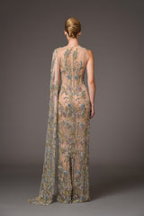 nude tulle dress with flower embroidery and a cape back